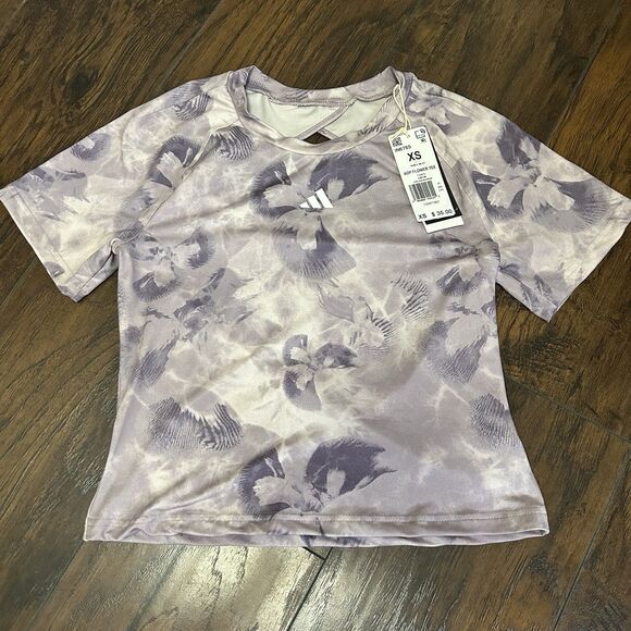 NWT Adidas Women's XS All Over Printed Flower Tie-dye T-Shirt Open Back - Picture 1 of 7